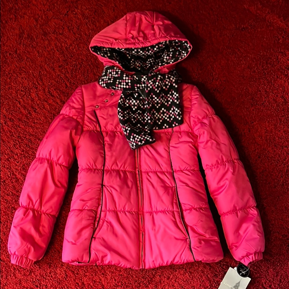London Fog Pink Puffer Jacket with Patterned Scarf